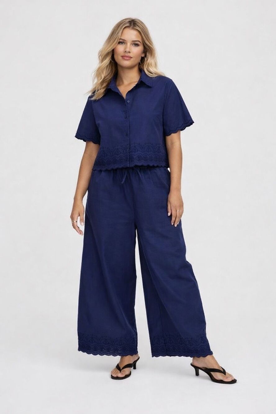 Roller Rabbit Navy Linen Blend Embroidered Hem Drawstring Wide Leg Pants Size L